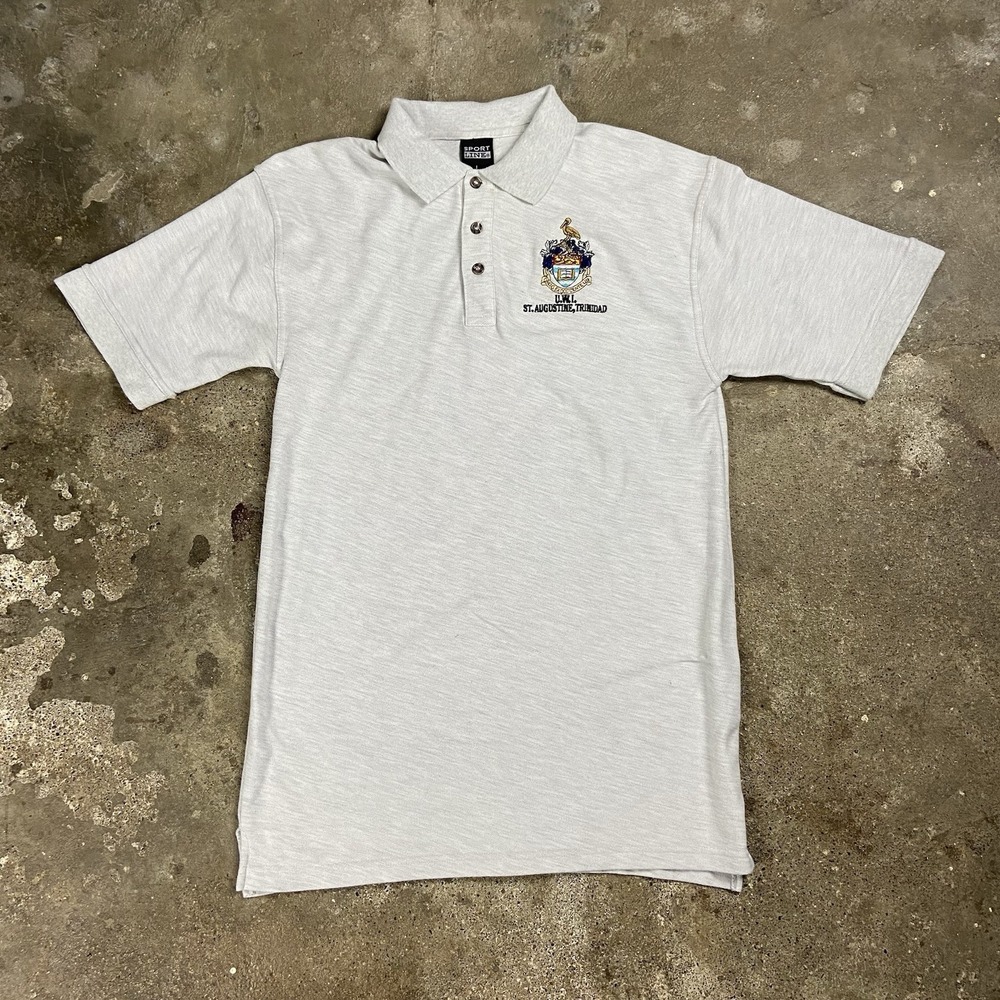Vintage 90s Sport Line Polo Shirt Size Large Gray St. Augustine Trinidad Crest